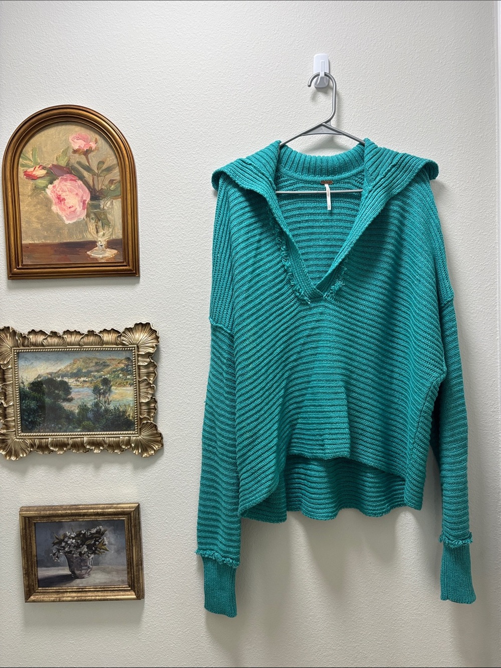 Free People Marlie Teal Knit Collared V-Neck Sweater